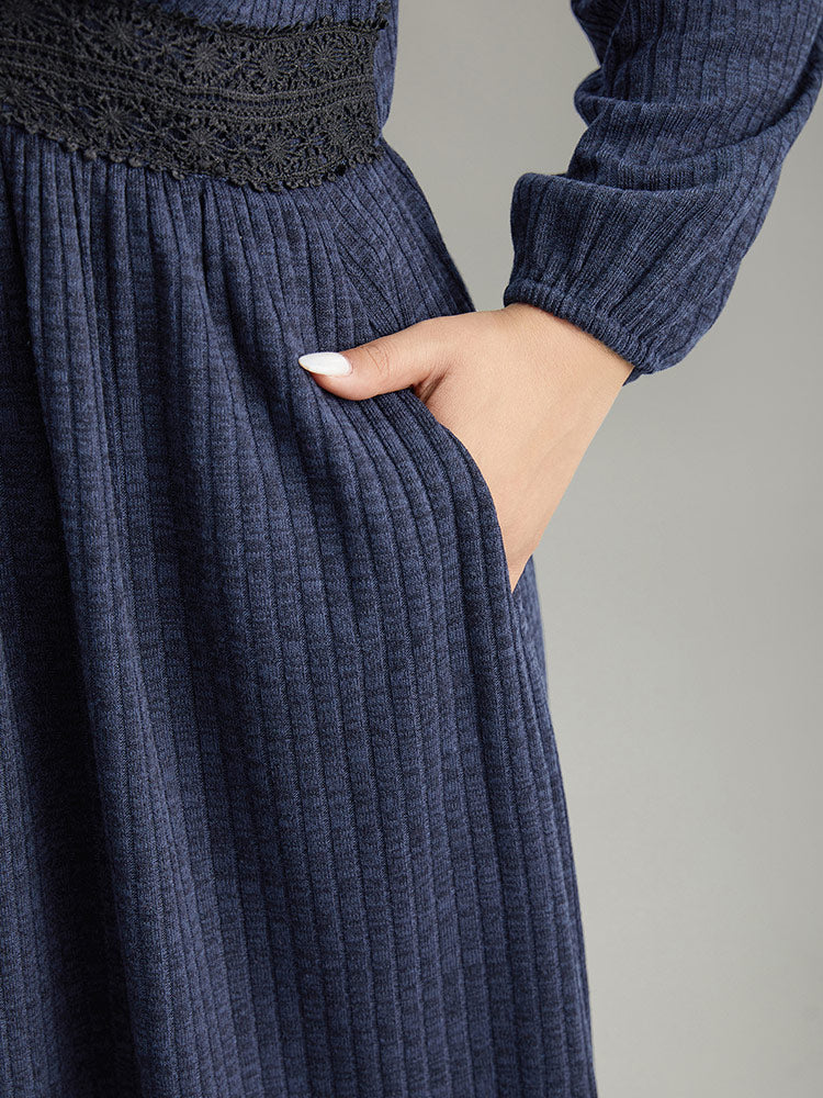 Rib Knit Lace Panel Contrast Pocket Dress - Image 7