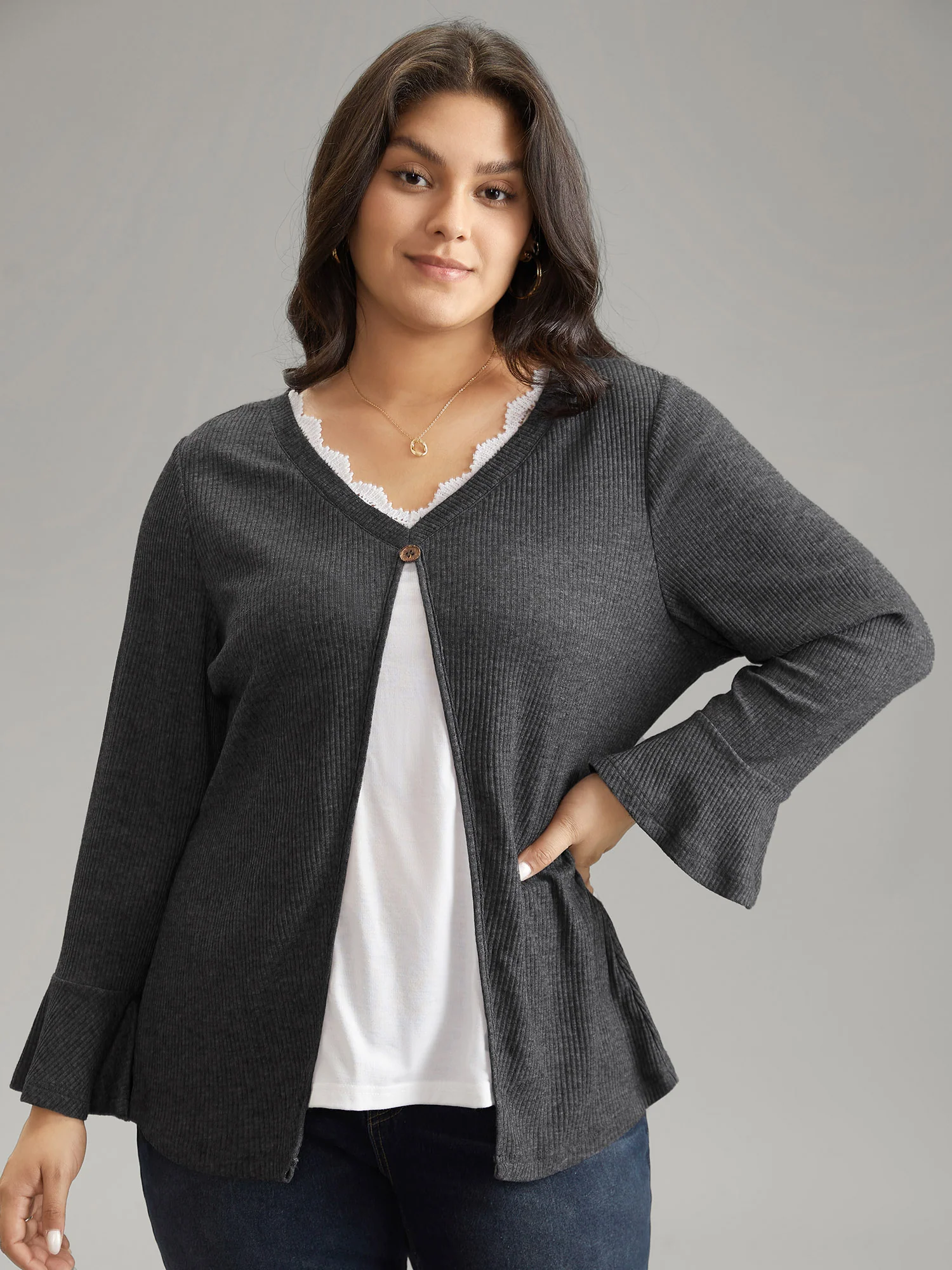 Rib Knit Patchwork Guipure Lace Bell Sleeve T-shirt - Image 2