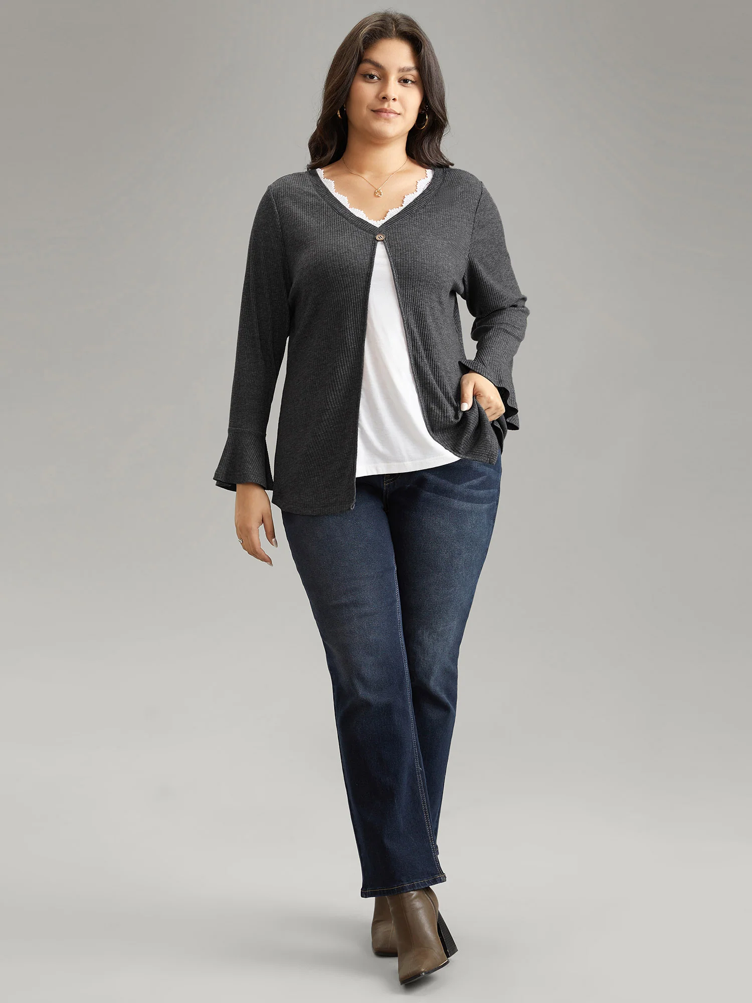 Rib Knit Patchwork Guipure Lace Bell Sleeve T-shirt - Image 4