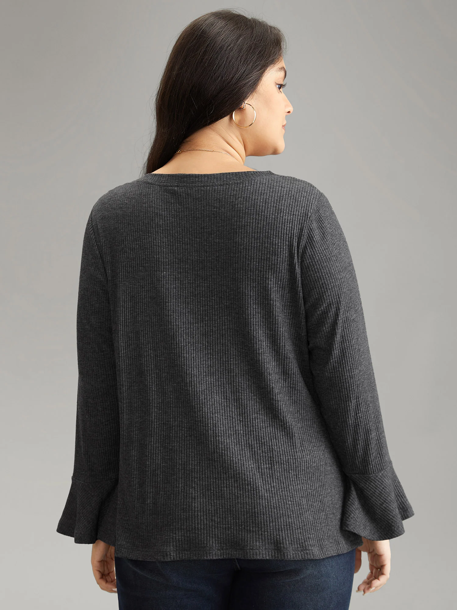 Rib Knit Patchwork Guipure Lace Bell Sleeve T-shirt - Image 5