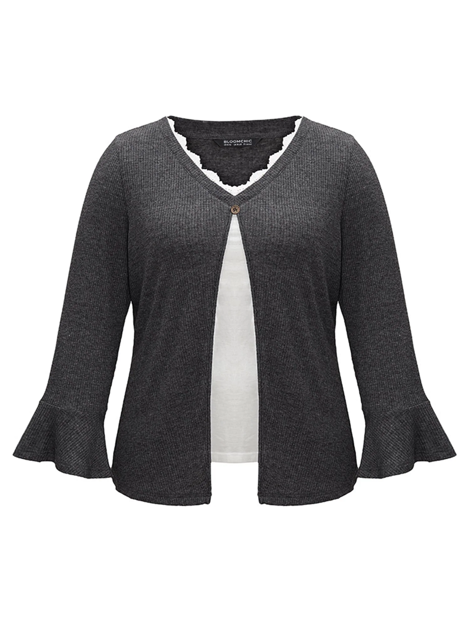 Rib Knit Patchwork Guipure Lace Bell Sleeve T-shirt - Image 6
