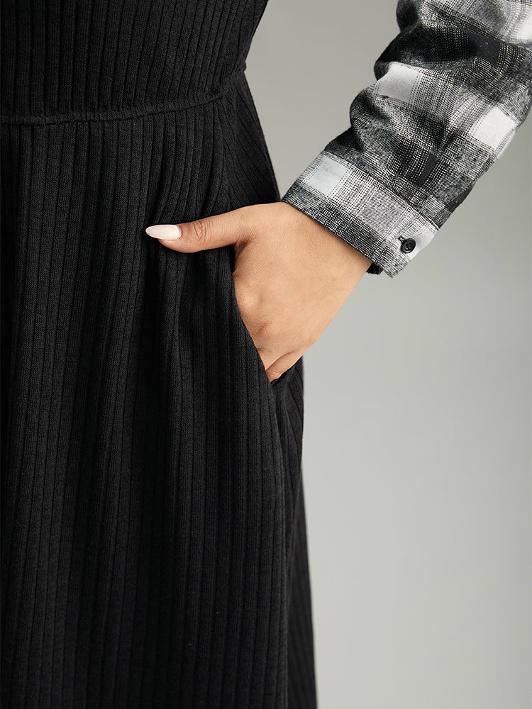 Rib Knit Plaid Patchwork Pocket Notched Dress - Image 7