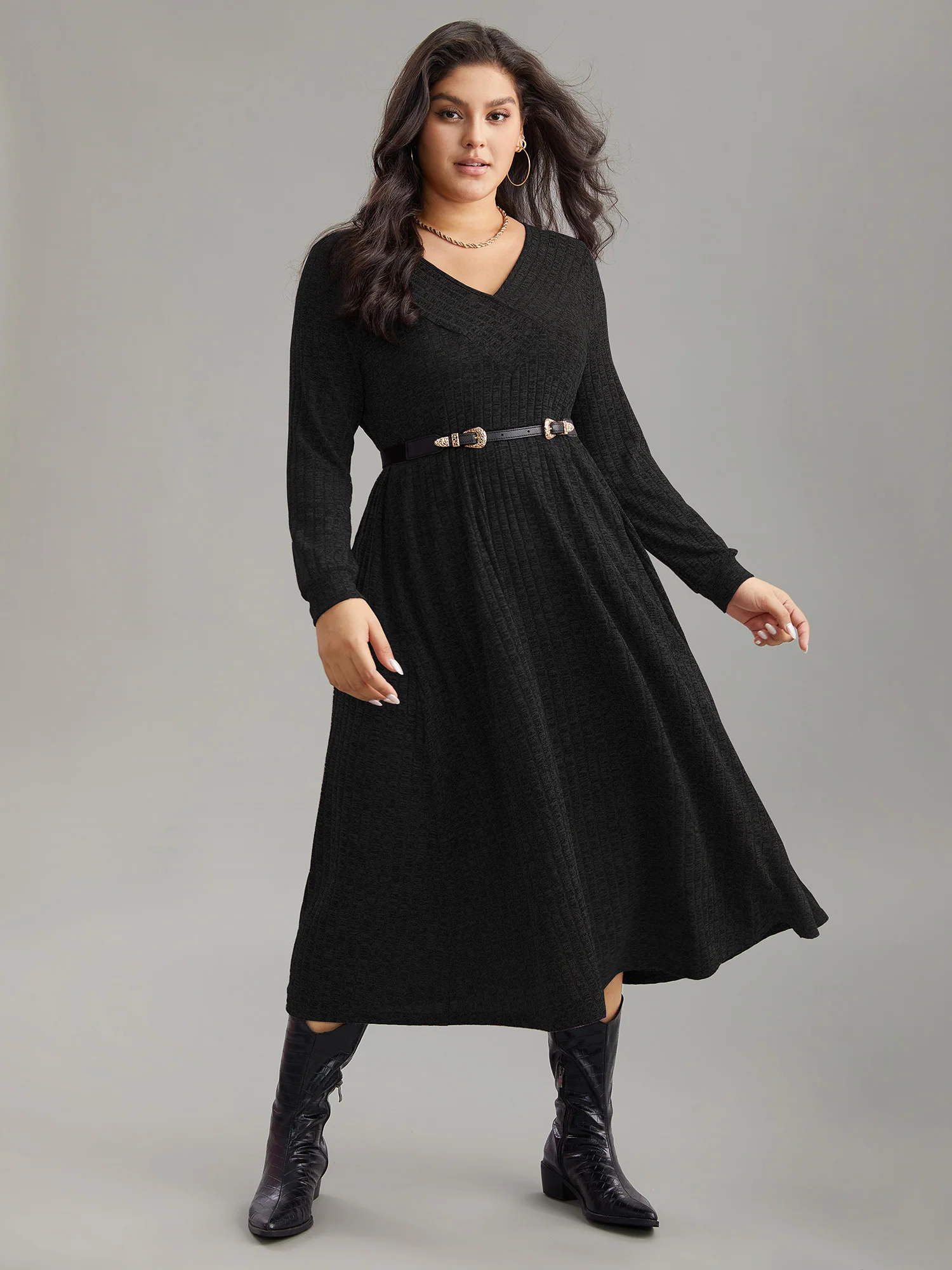 Rib Knit Plain Plisse Long Sleeve Dress - Image 10