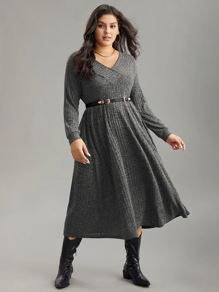 Rib Knit Plain Plisse Long Sleeve Dress - Image 12