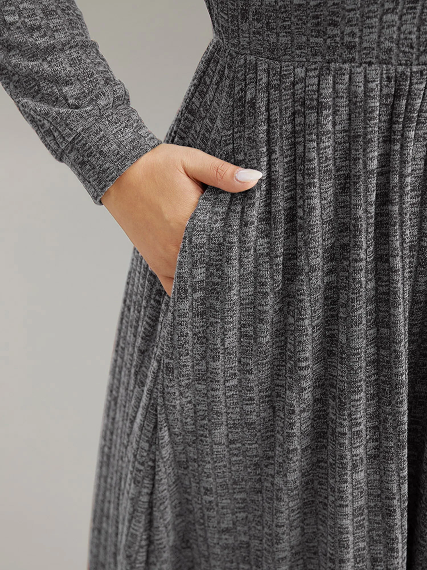 Rib Knit Plain Plisse Long Sleeve Dress - Image 13