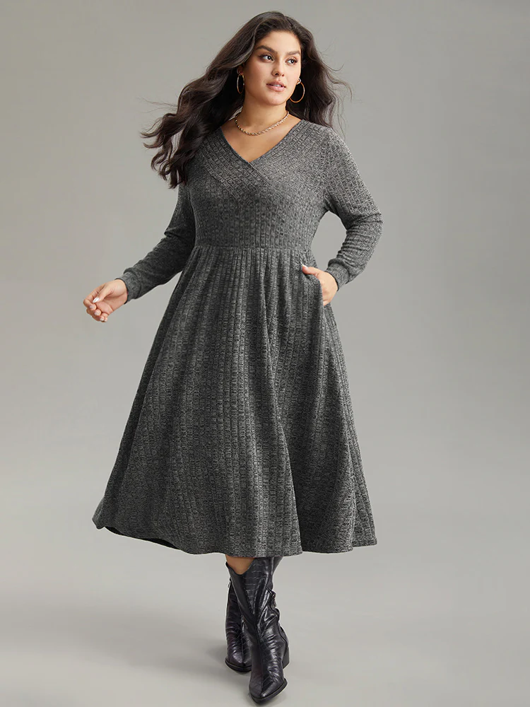 Rib Knit Plain Plisse Long Sleeve Dress - Image 14