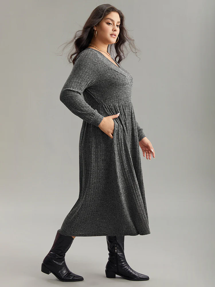 Rib Knit Plain Plisse Long Sleeve Dress - Image 16
