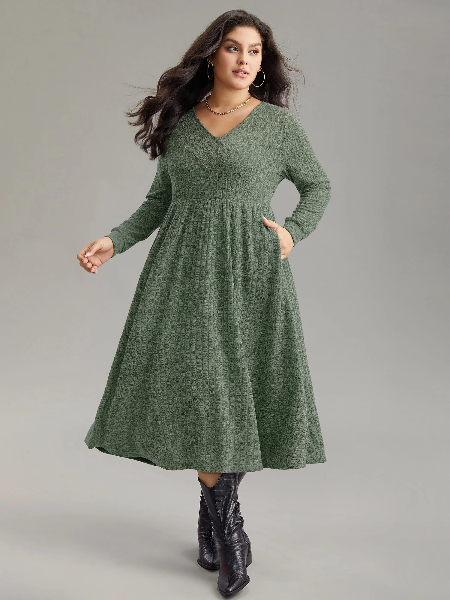 Rib Knit Plain Plisse Long Sleeve Dress - Image 18