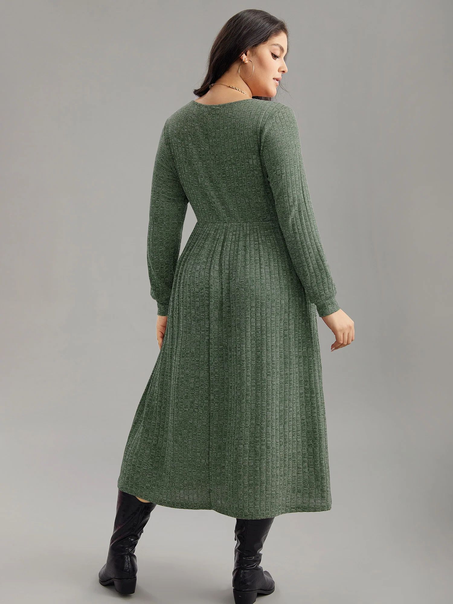 Rib Knit Plain Plisse Long Sleeve Dress - Image 19