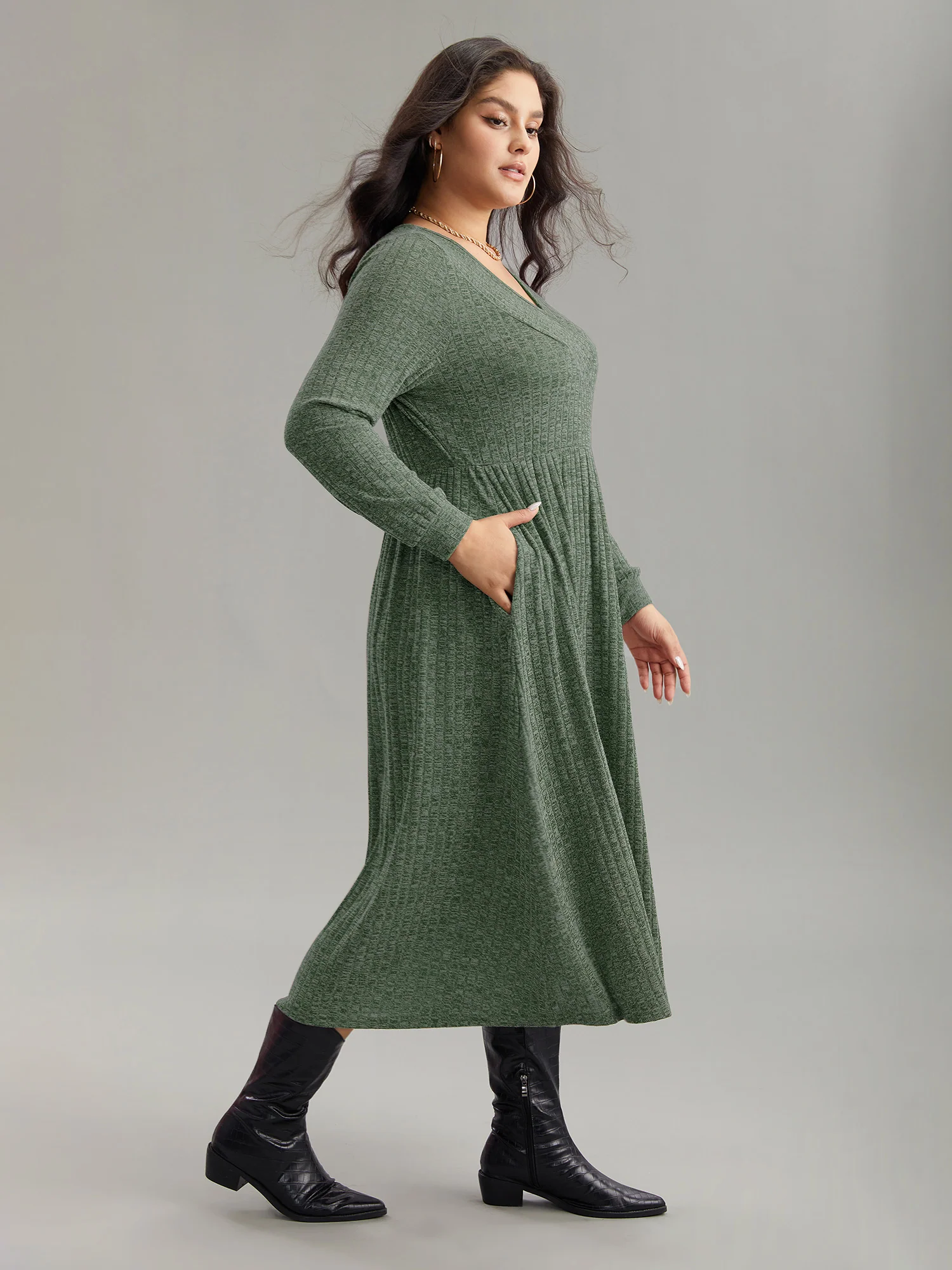 Rib Knit Plain Plisse Long Sleeve Dress - Image 20