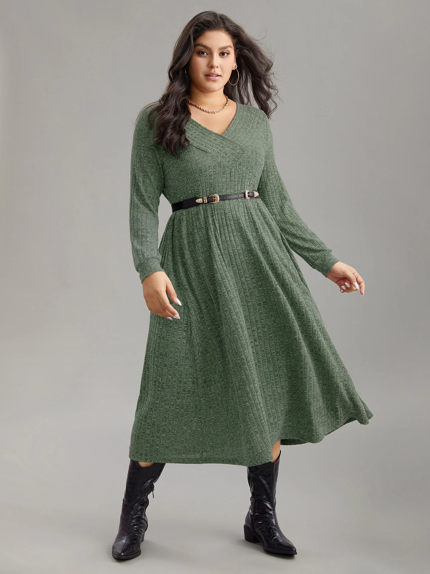 Rib Knit Plain Plisse Long Sleeve Dress - Image 21