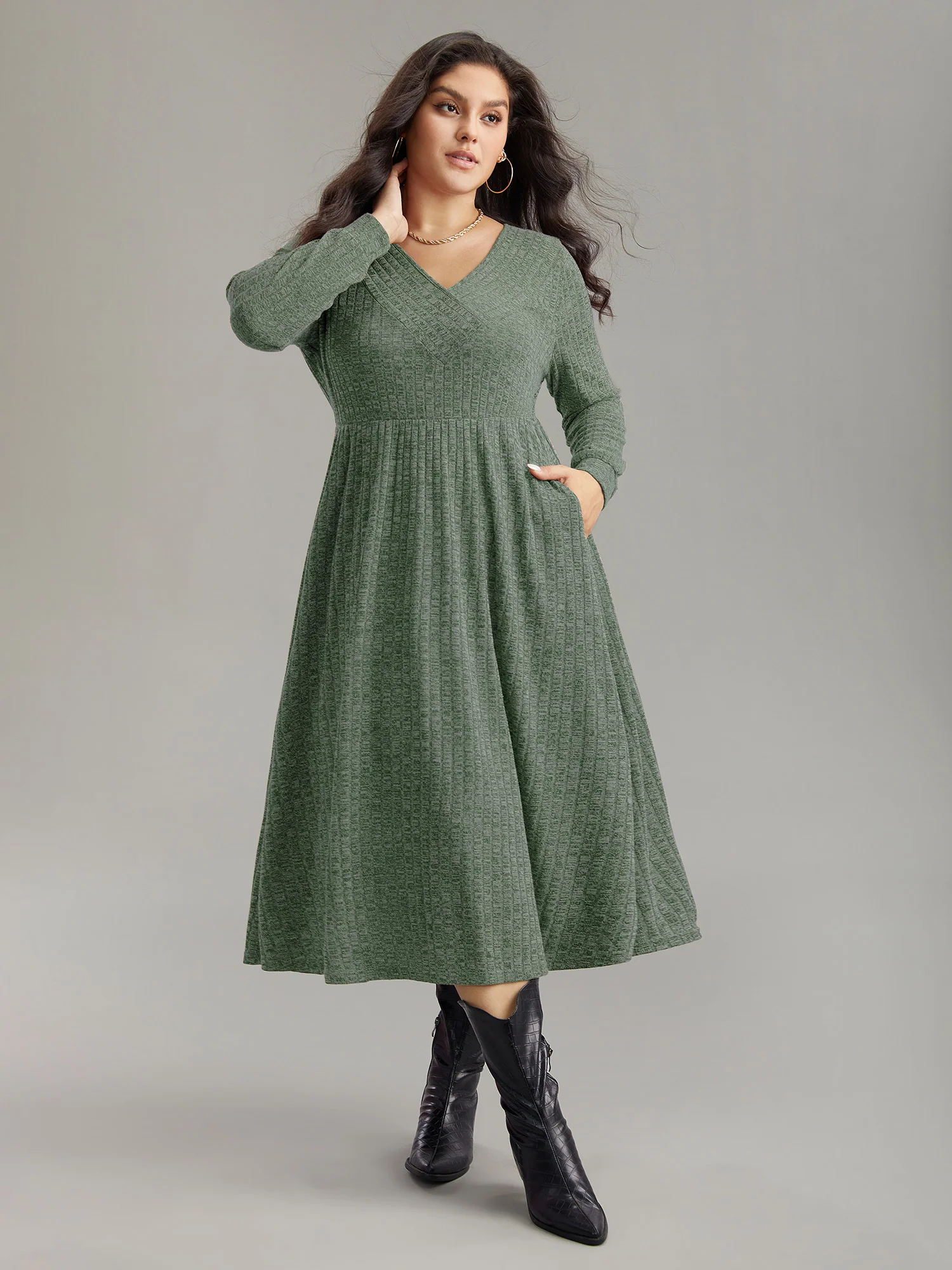 Rib Knit Plain Plisse Long Sleeve Dress - Image 22