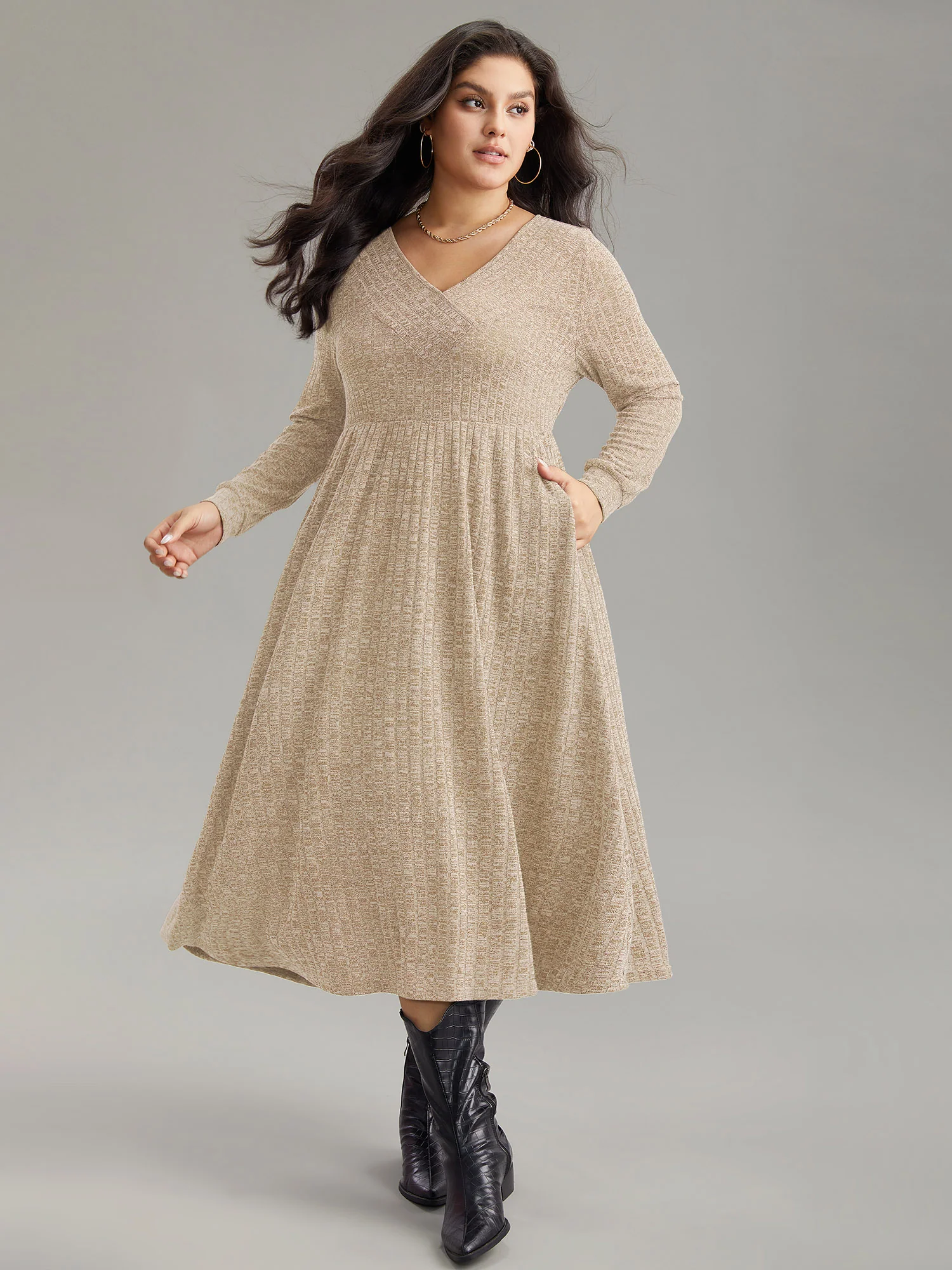Rib Knit Plain Plisse Long Sleeve Dress - Image 23
