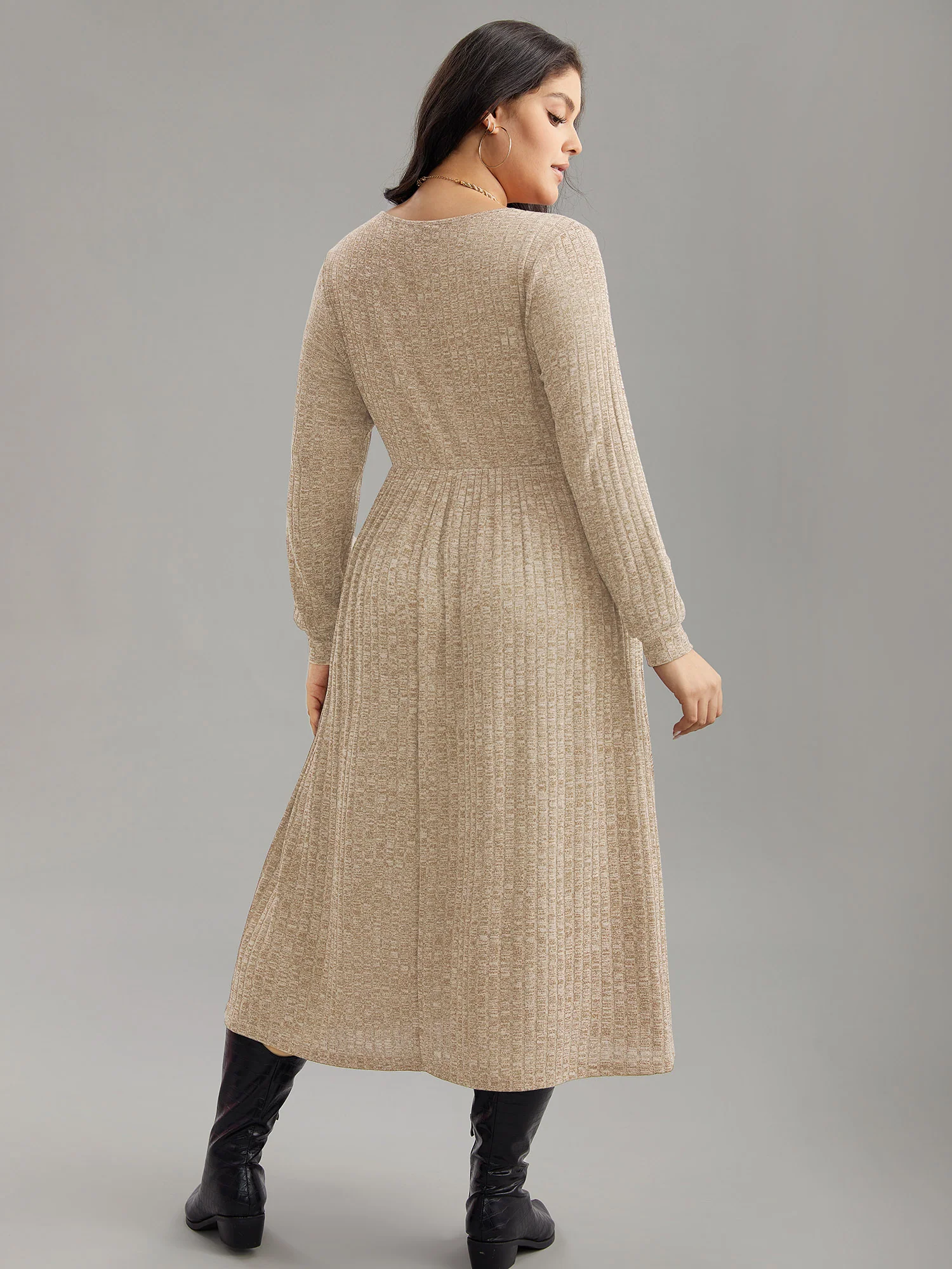 Rib Knit Plain Plisse Long Sleeve Dress - Image 24