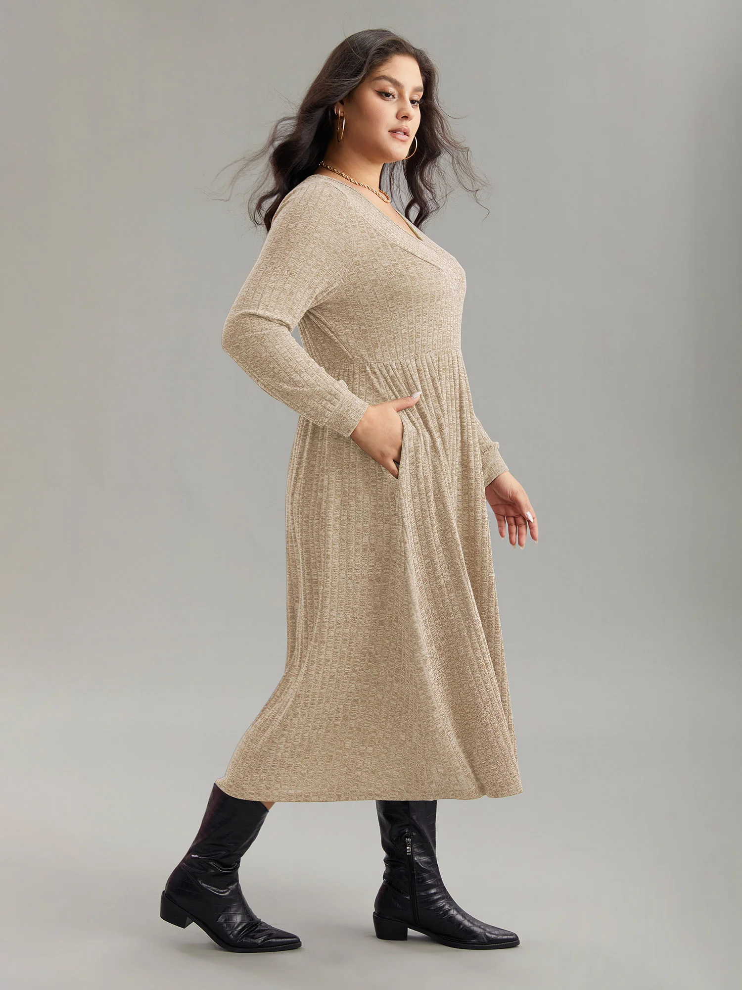 Rib Knit Plain Plisse Long Sleeve Dress - Image 25