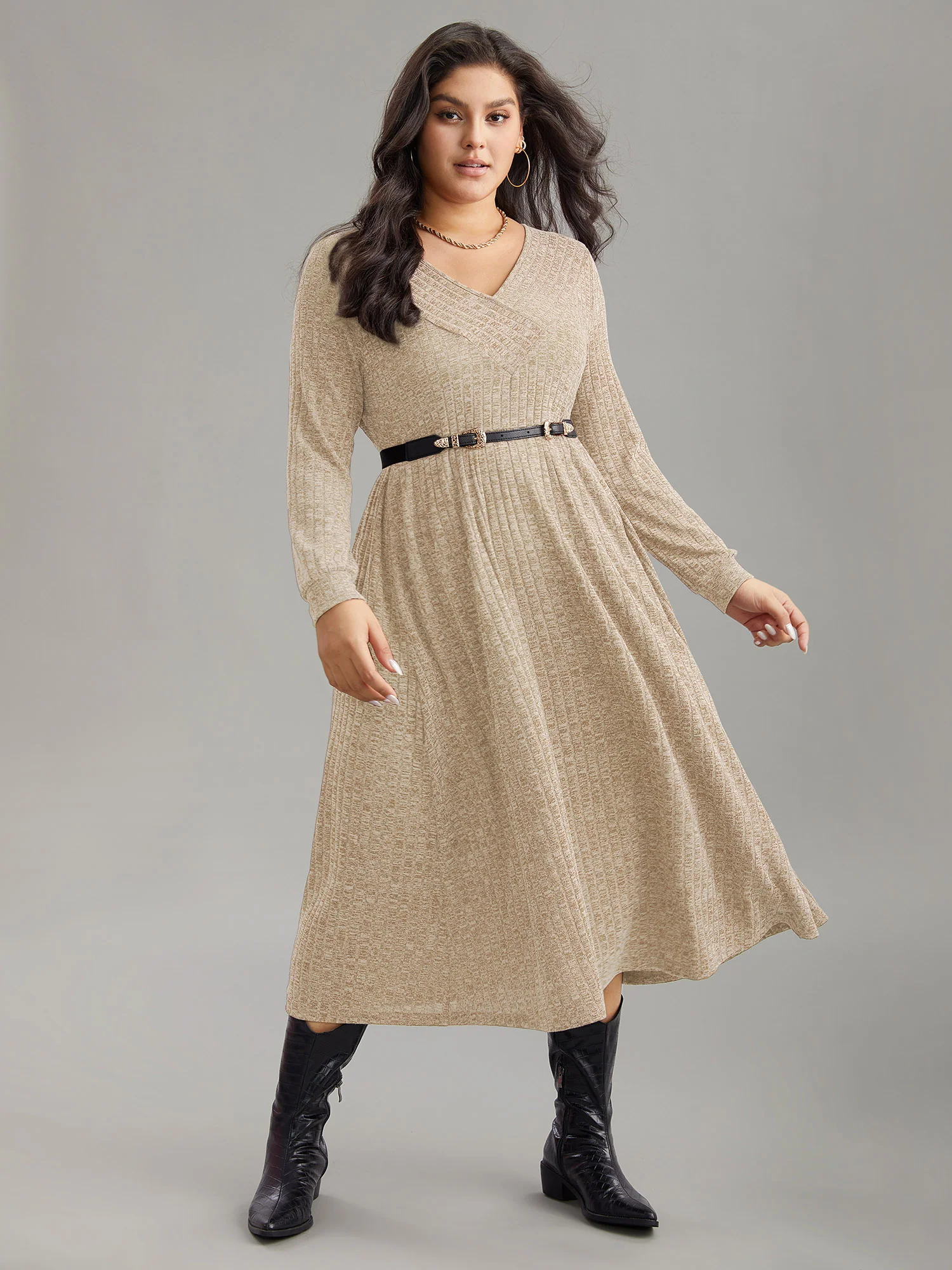 Rib Knit Plain Plisse Long Sleeve Dress - Image 26