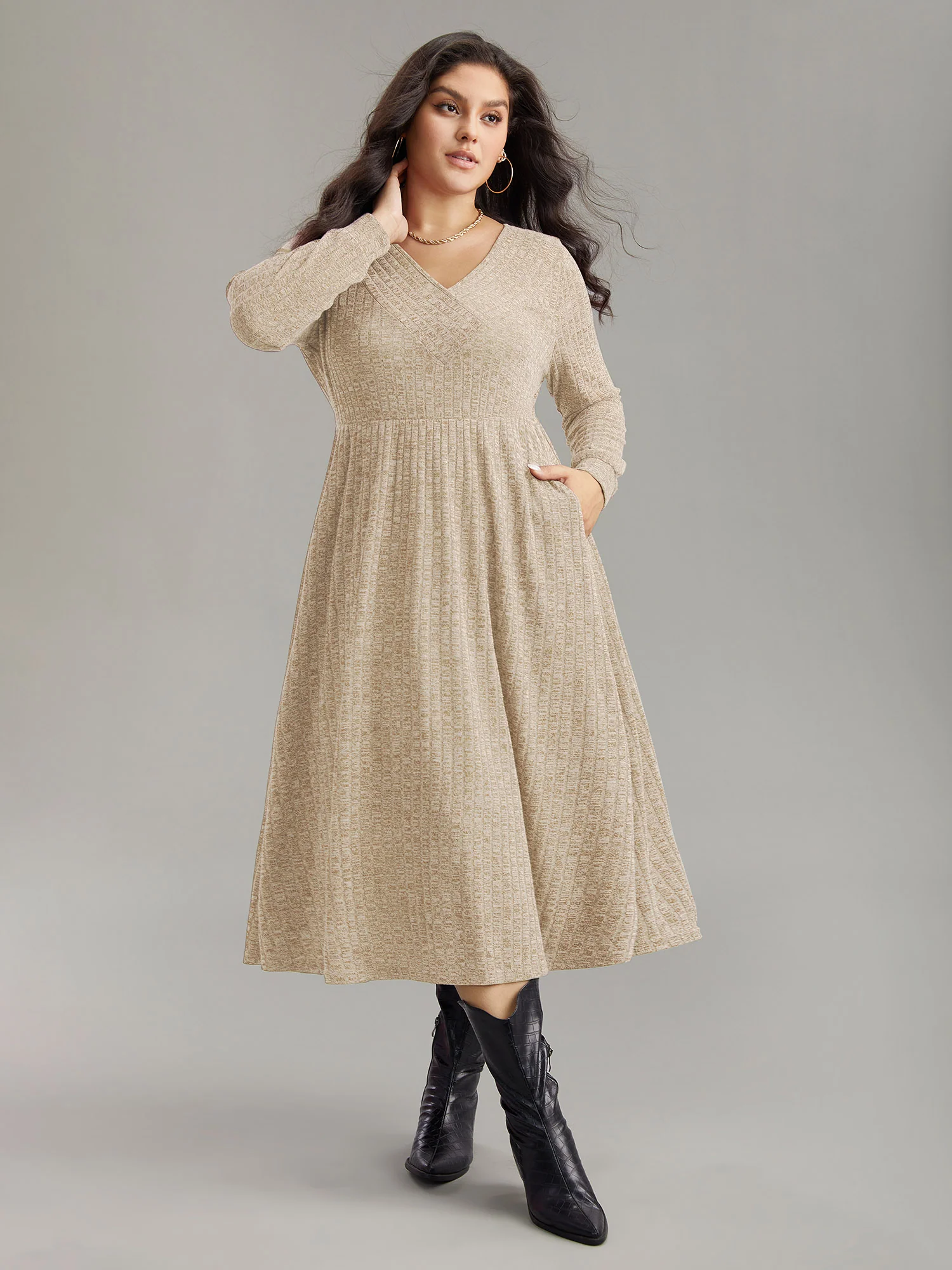 Rib Knit Plain Plisse Long Sleeve Dress - Image 27