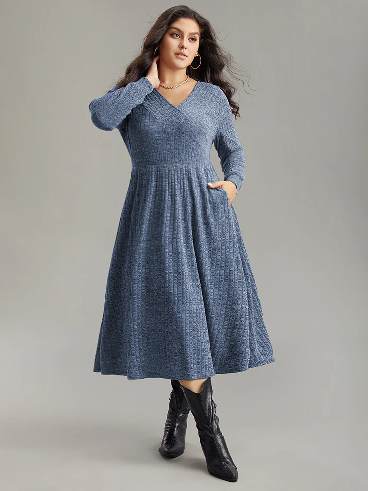 Rib Knit Plain Plisse Long Sleeve Dress - Image 28