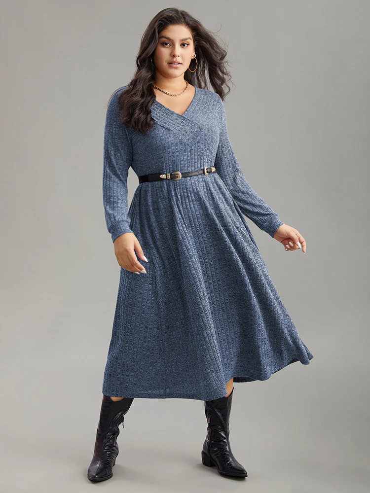 Rib Knit Plain Plisse Long Sleeve Dress - Image 29