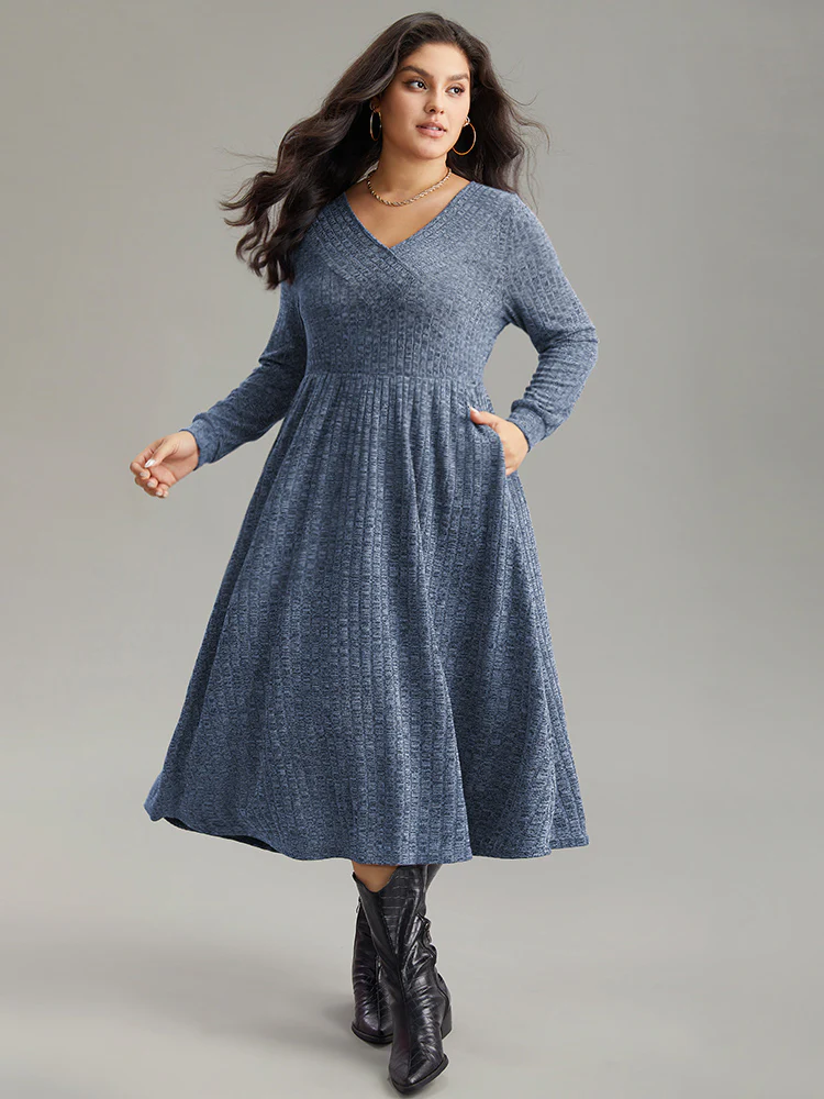 Rib Knit Plain Plisse Long Sleeve Dress - Image 30