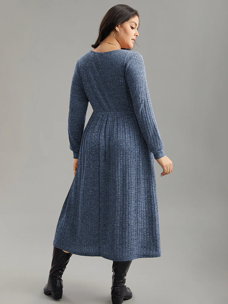 Rib Knit Plain Plisse Long Sleeve Dress - Image 31