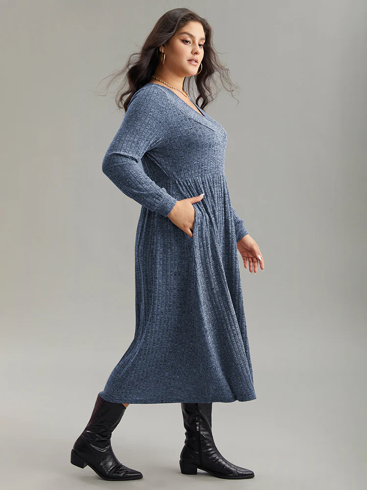 Rib Knit Plain Plisse Long Sleeve Dress - Image 32