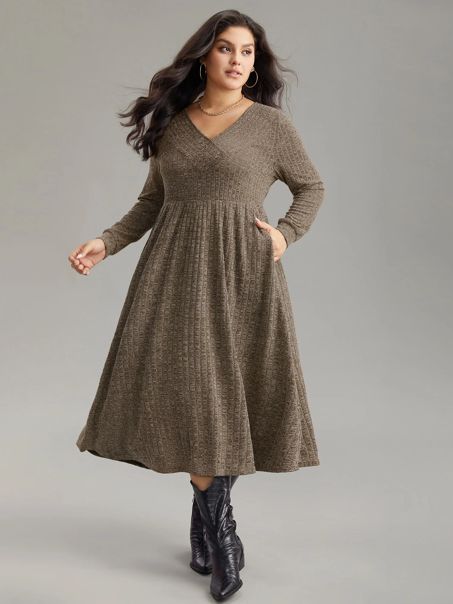 Rib Knit Plain Plisse Long Sleeve Dress - Image 33
