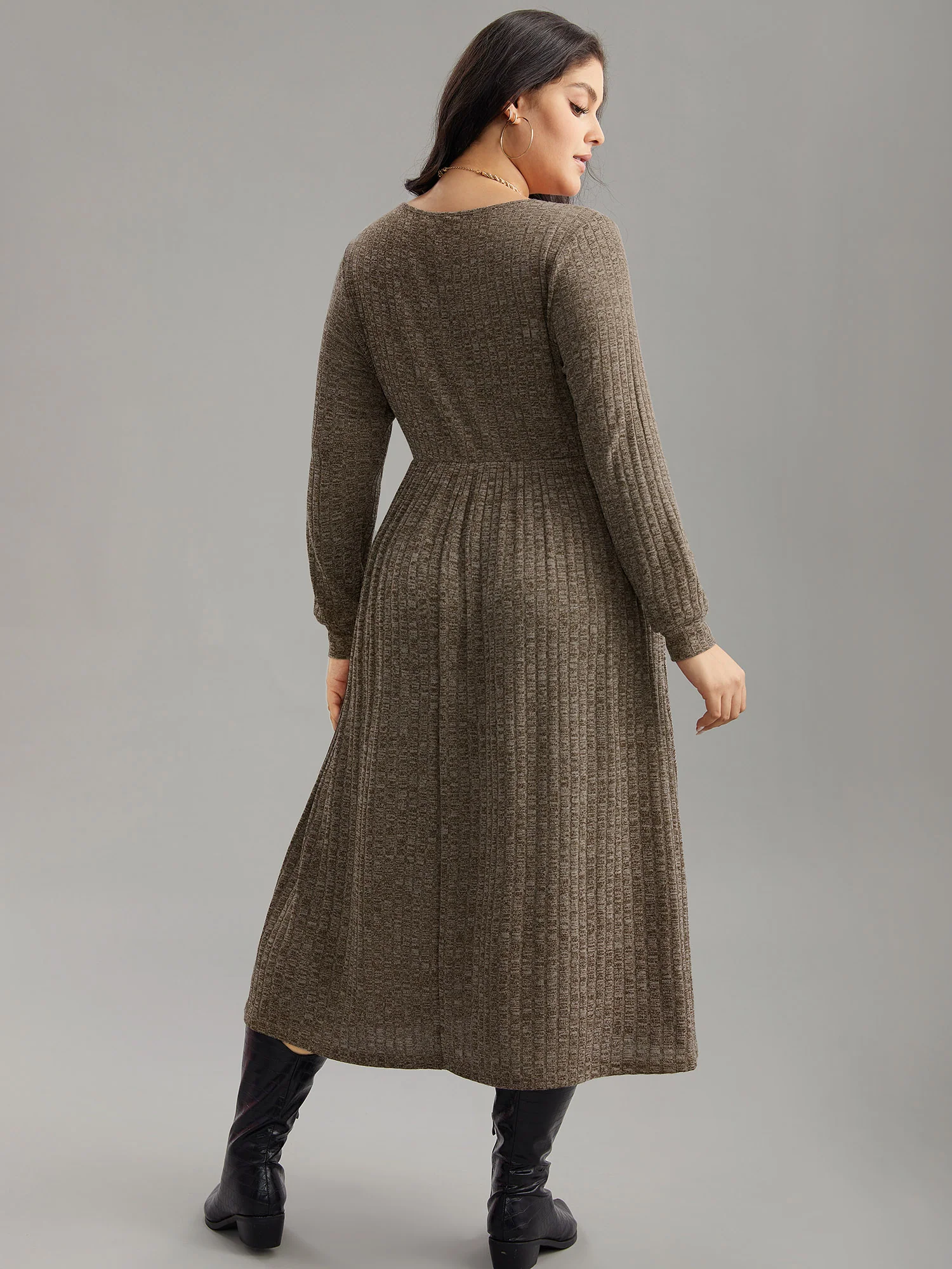 Rib Knit Plain Plisse Long Sleeve Dress - Image 34