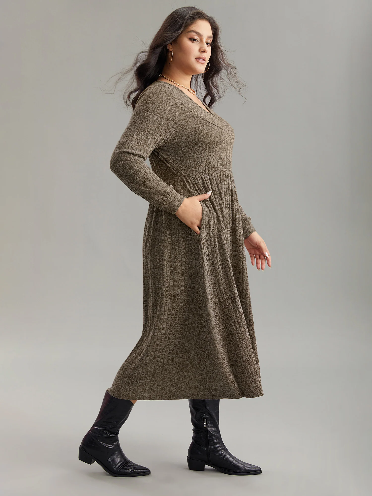 Rib Knit Plain Plisse Long Sleeve Dress - Image 35