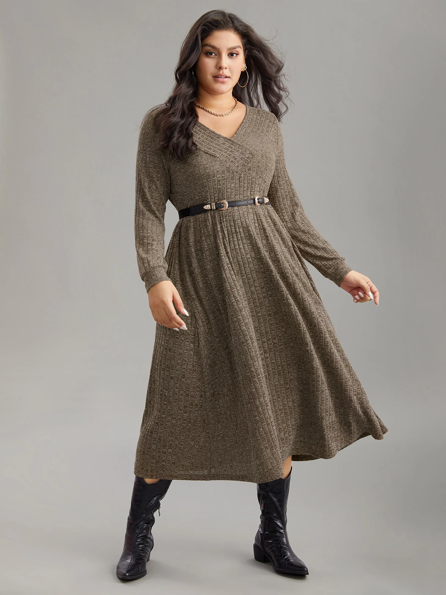 Rib Knit Plain Plisse Long Sleeve Dress - Image 36
