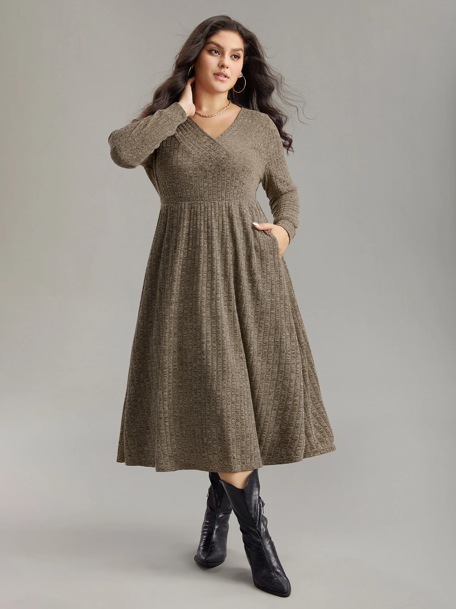 Rib Knit Plain Plisse Long Sleeve Dress - Image 37