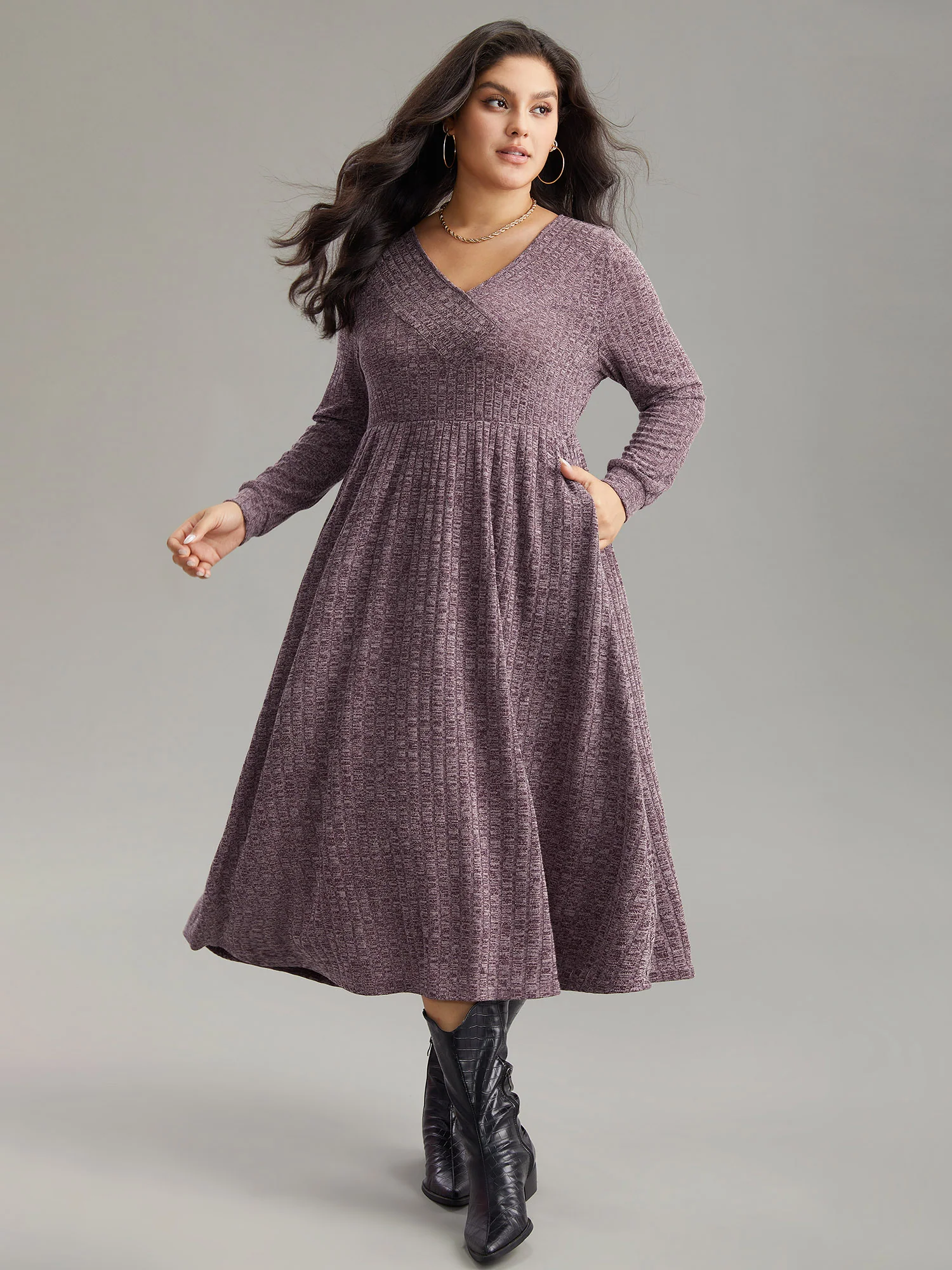 Rib Knit Plain Plisse Long Sleeve Dress - Image 38