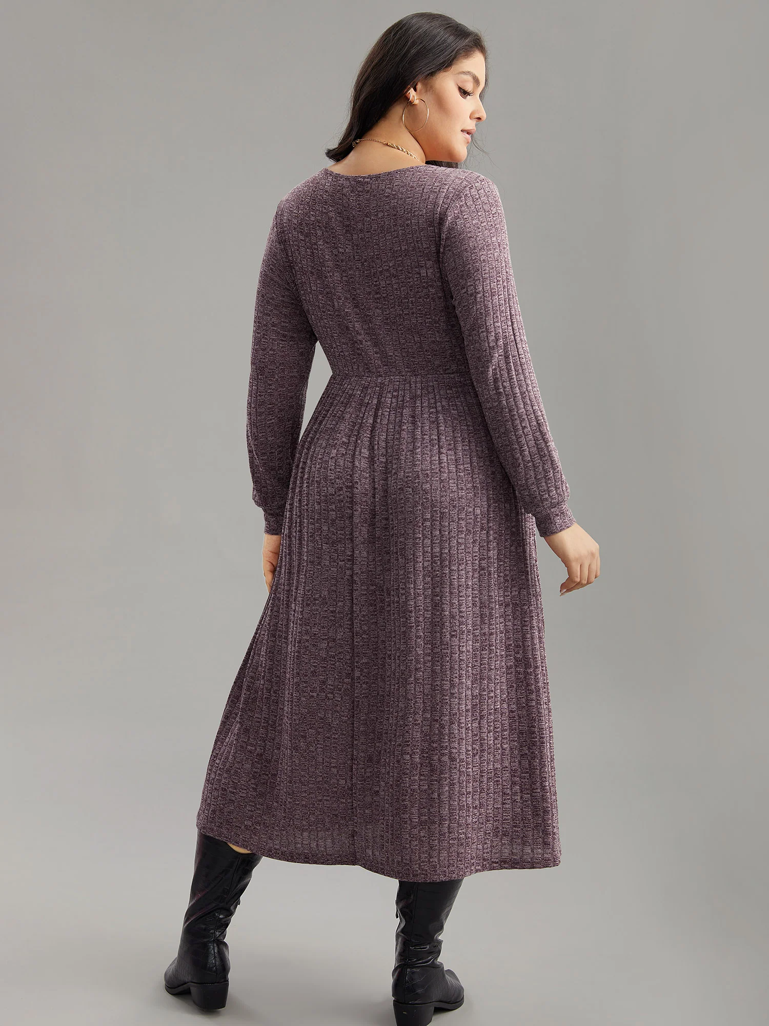 Rib Knit Plain Plisse Long Sleeve Dress - Image 39