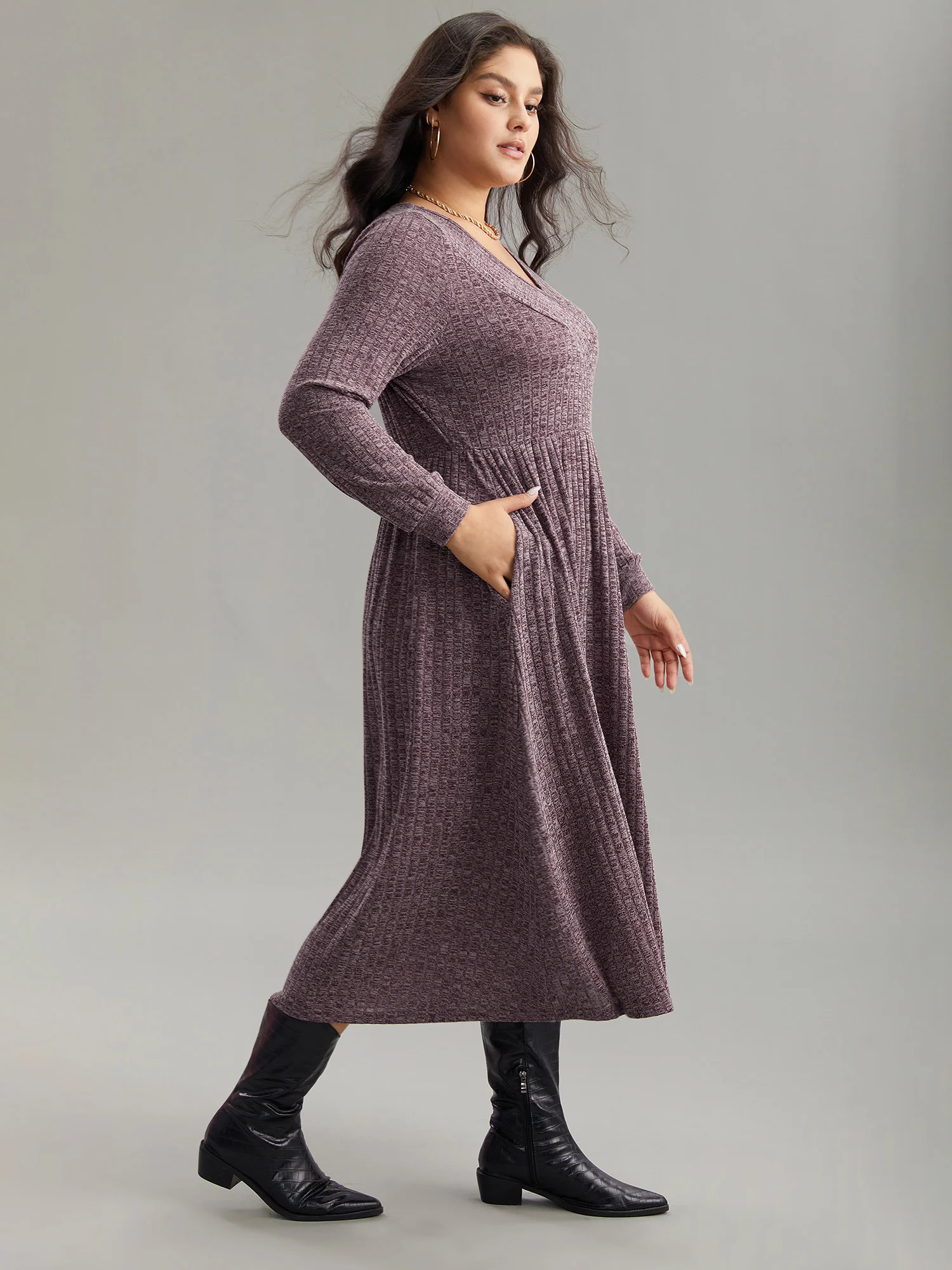 Rib Knit Plain Plisse Long Sleeve Dress - Image 40