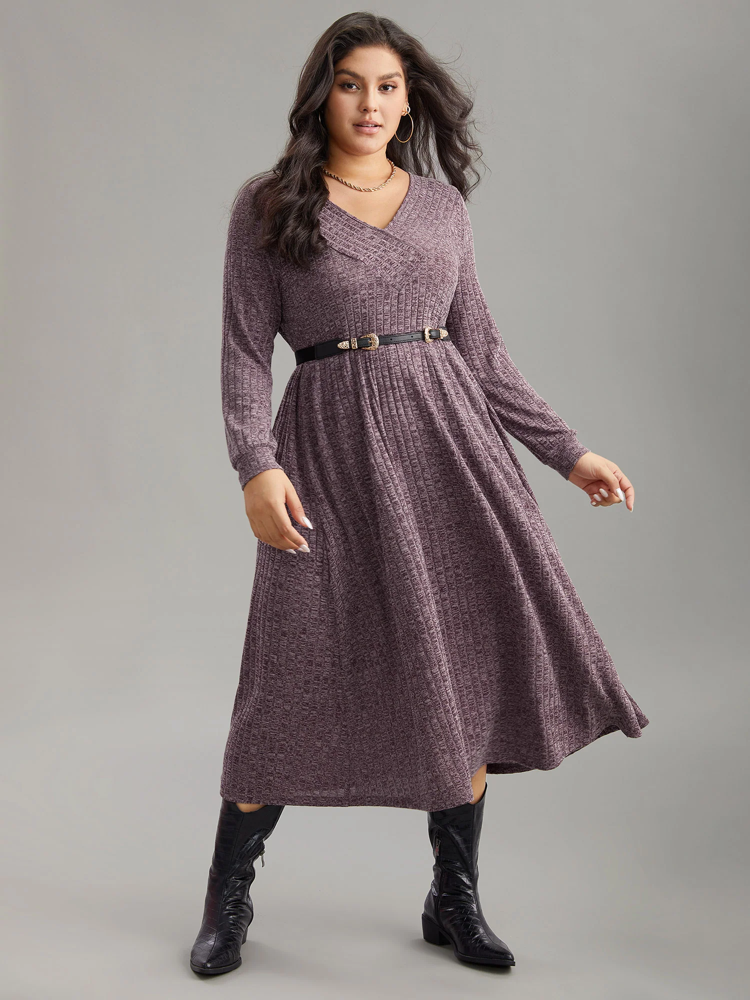Rib Knit Plain Plisse Long Sleeve Dress - Image 41