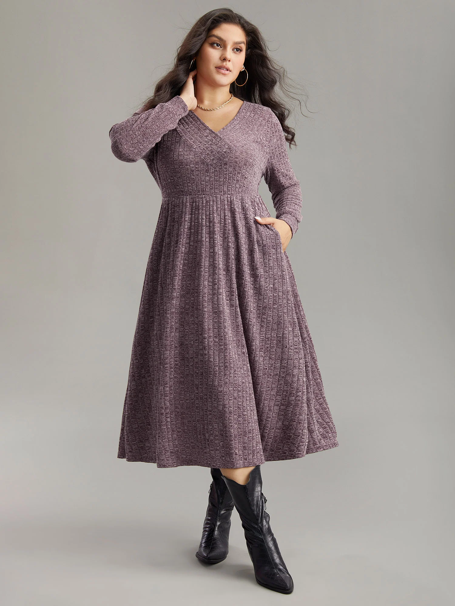 Rib Knit Plain Plisse Long Sleeve Dress - Image 42