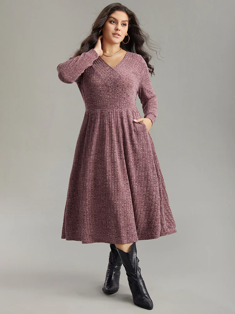 Rib Knit Plain Plisse Long Sleeve Dress - Image 43