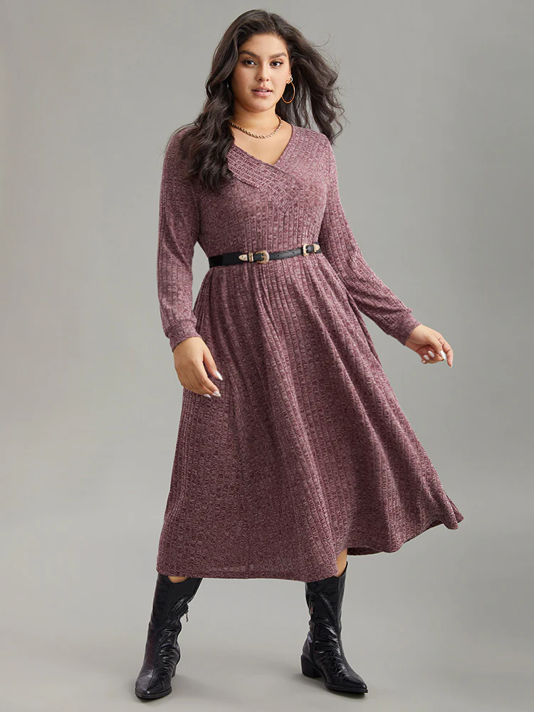Rib Knit Plain Plisse Long Sleeve Dress - Image 44