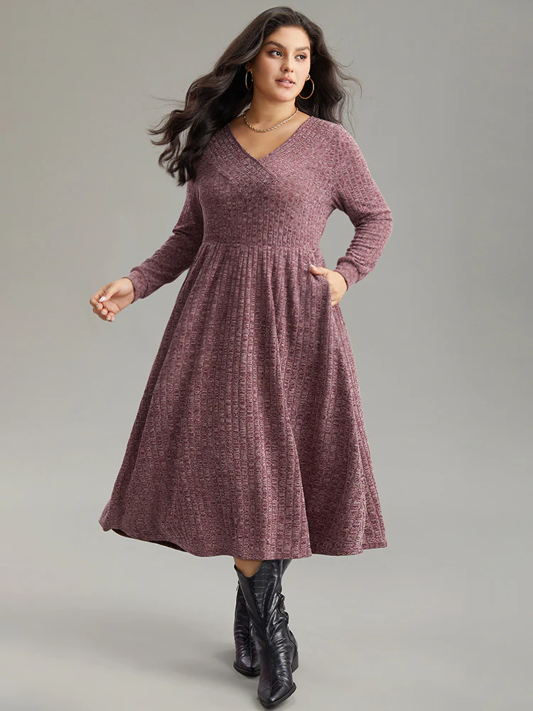 Rib Knit Plain Plisse Long Sleeve Dress - Image 45