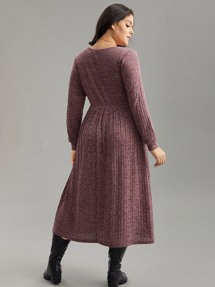 Rib Knit Plain Plisse Long Sleeve Dress - Image 46