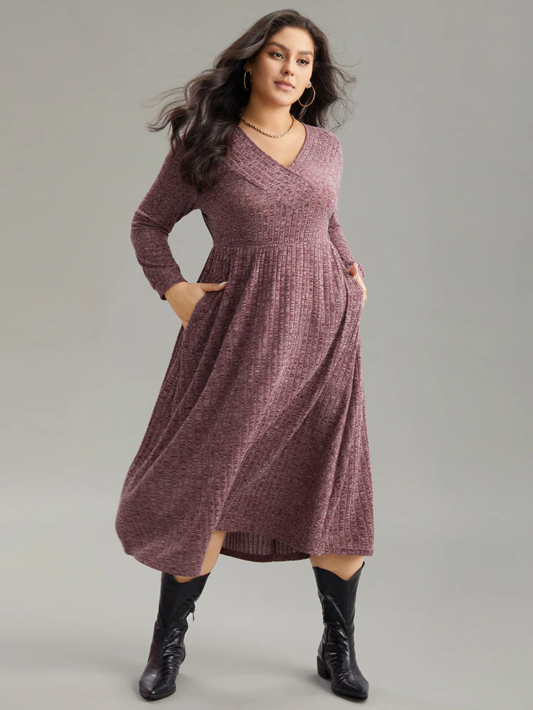 Rib Knit Plain Plisse Long Sleeve Dress - Image 47