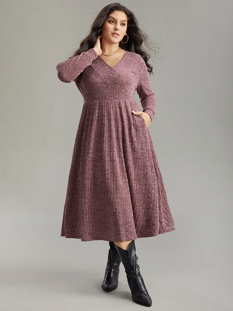 Rib Knit Plain Plisse Long Sleeve Dress - Image 48