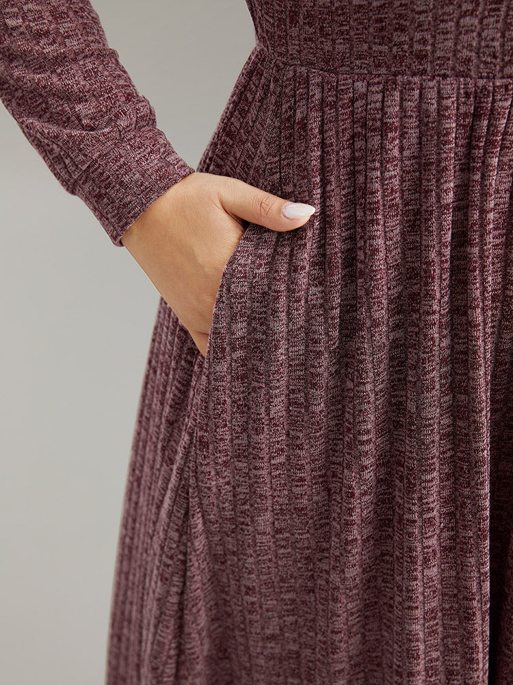 Rib Knit Plain Plisse Long Sleeve Dress - Image 50