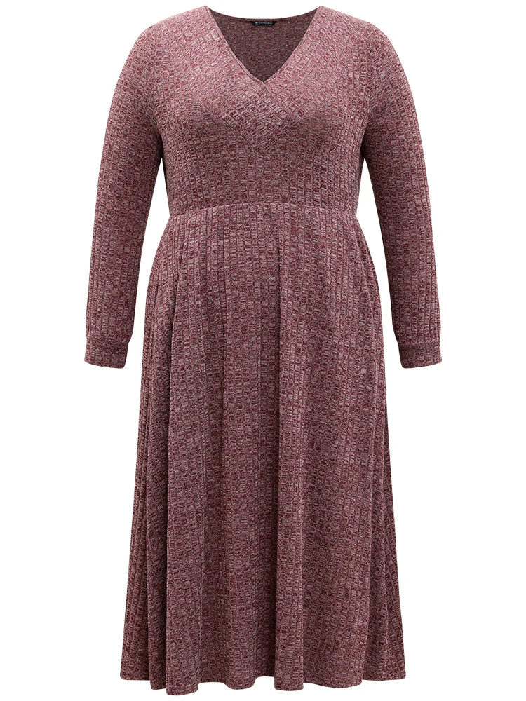 Rib Knit Plain Plisse Long Sleeve Dress - Image 51