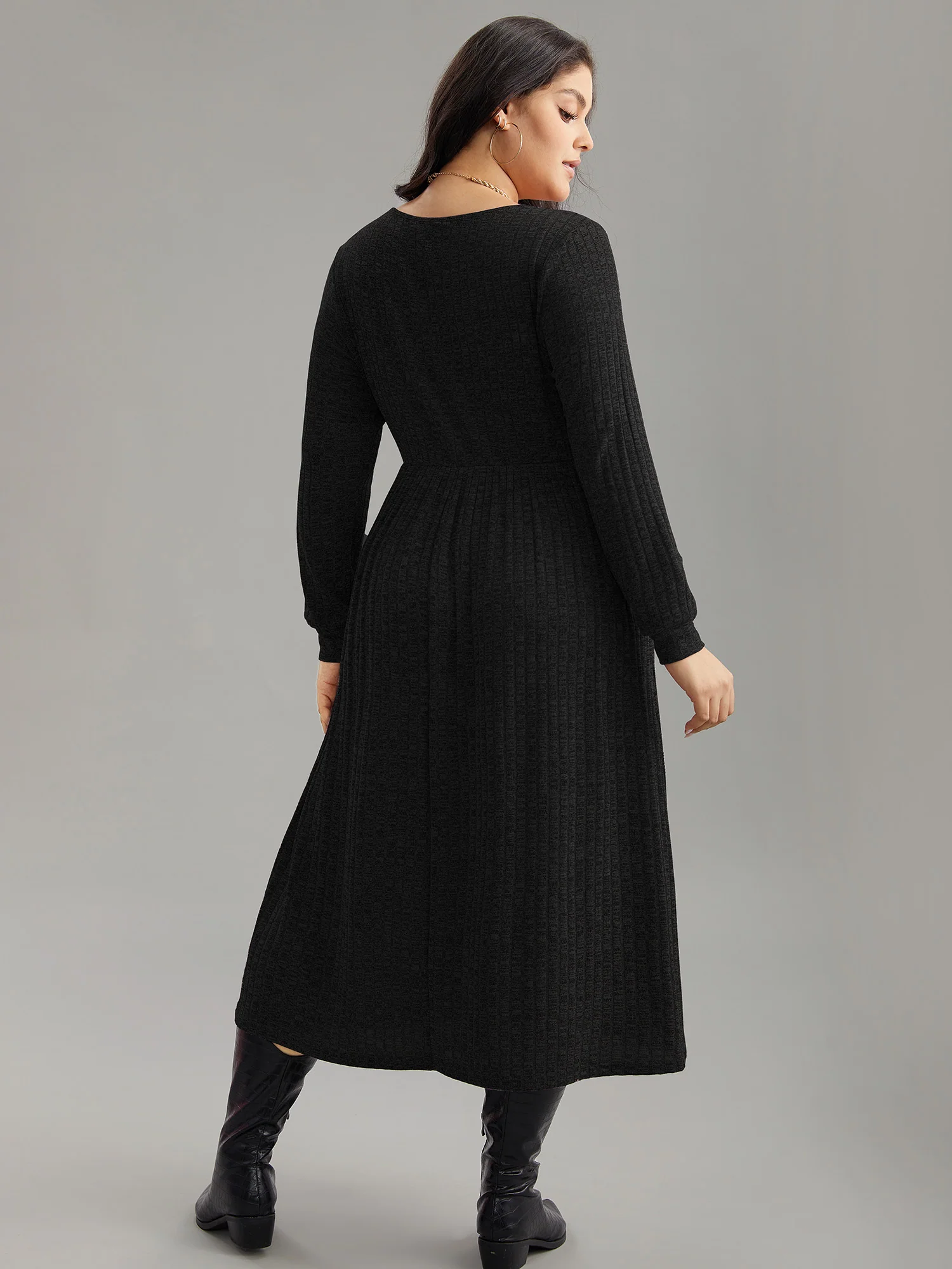 Rib Knit Plain Plisse Long Sleeve Dress - Image 7