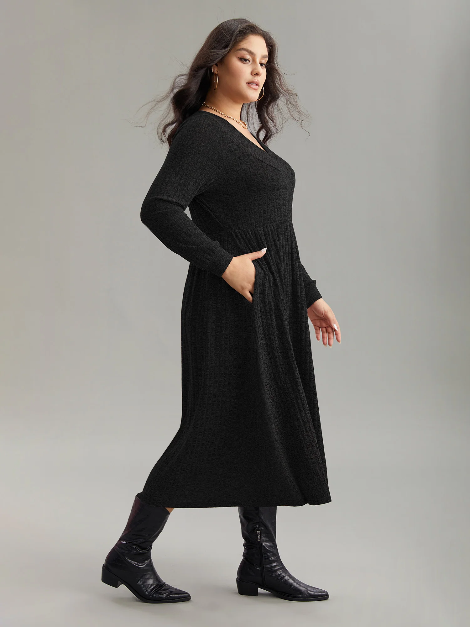 Rib Knit Plain Plisse Long Sleeve Dress - Image 9
