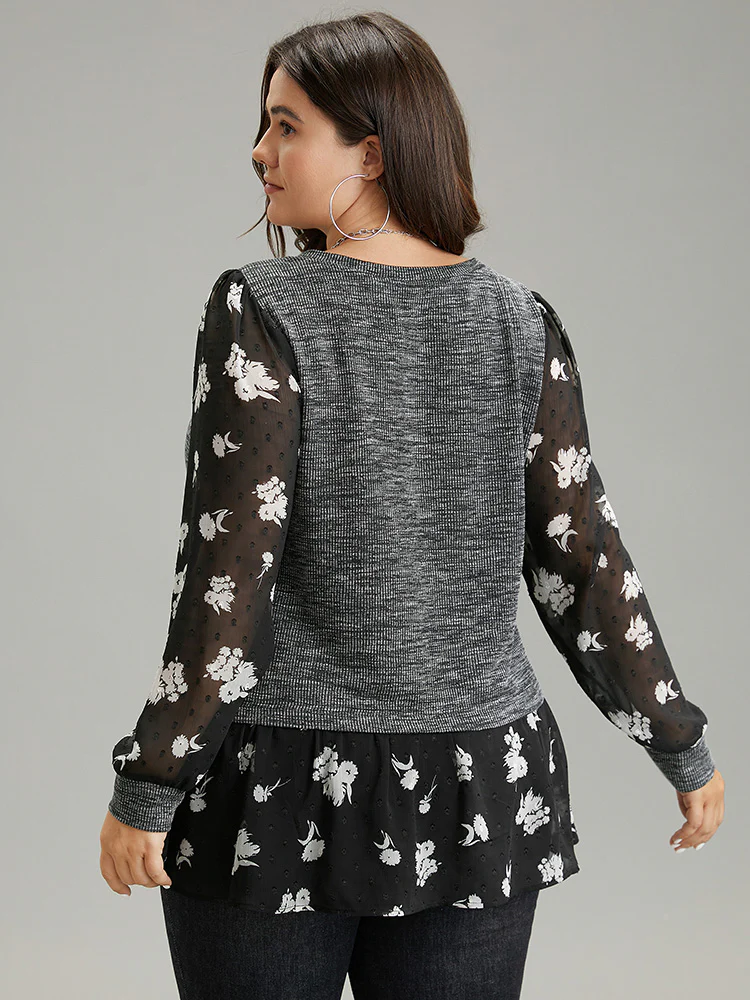 Rib Knit Plants Print Mesh T-shirt - Image 2
