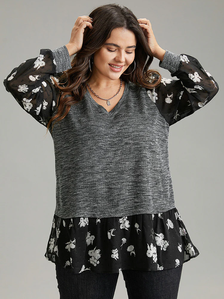 Rib Knit Plants Print Mesh T-shirt - Image 3
