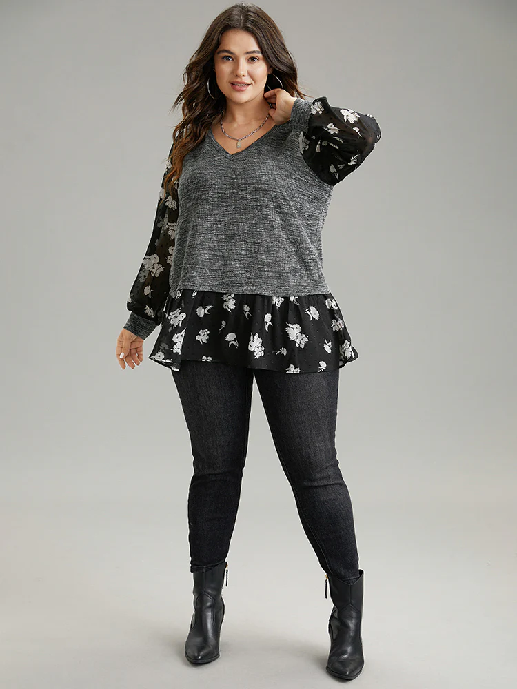 Rib Knit Plants Print Mesh T-shirt - Image 4