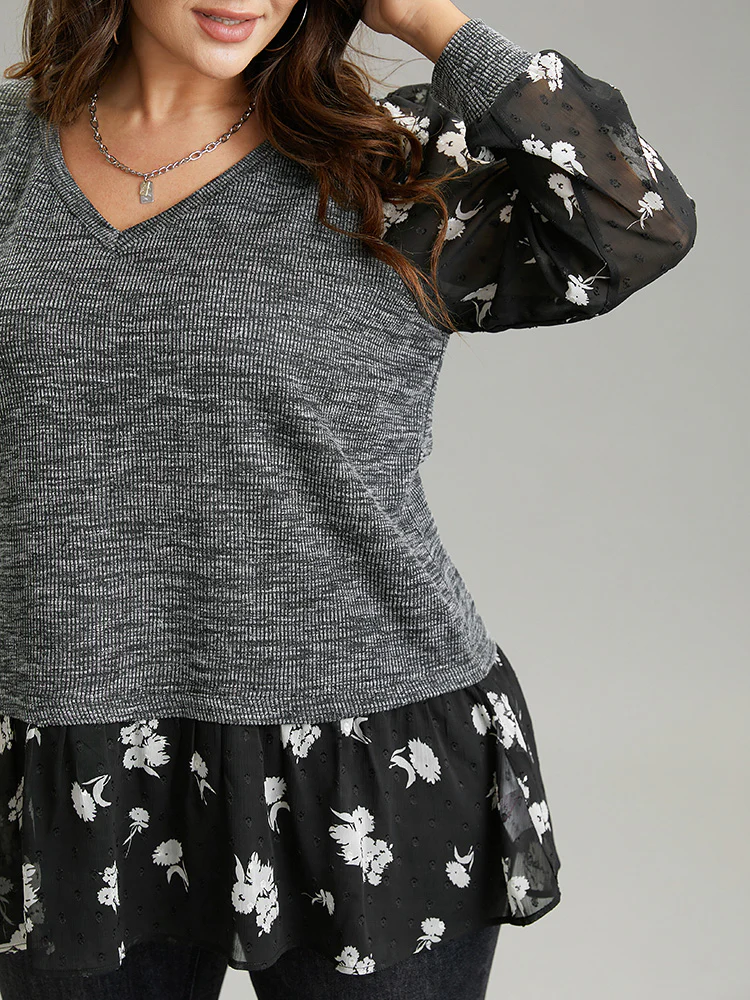 Rib Knit Plants Print Mesh T-shirt - Image 5